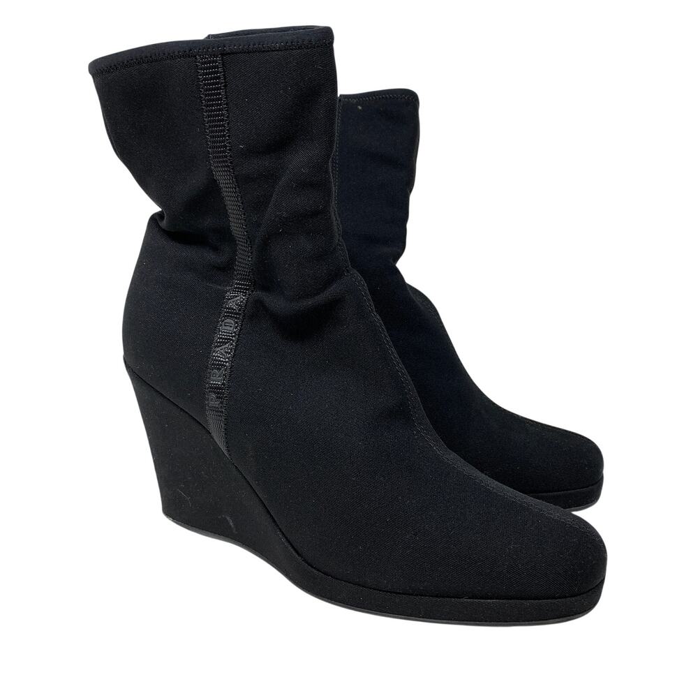 Prada Sport Black Nylon Mid Calf Wedge Boots Womens Size 37.5 US 7.5 *READ